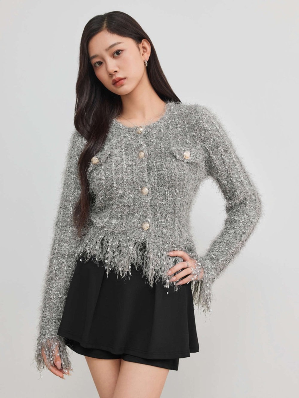 Fuzzy Fringe Button-Front Cardigan - Gray